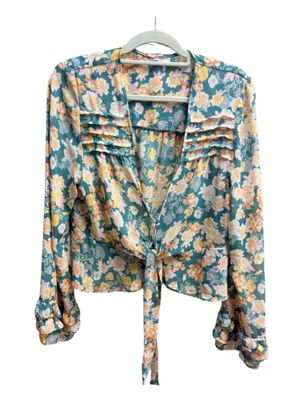 Free People Maybel Blouse Green Floral Ruffle Tie-Front Top Pink & Yellow Blooms - Picture 2 of 15